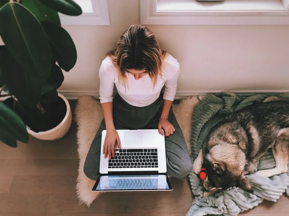 woman sitting at window looking at laptop